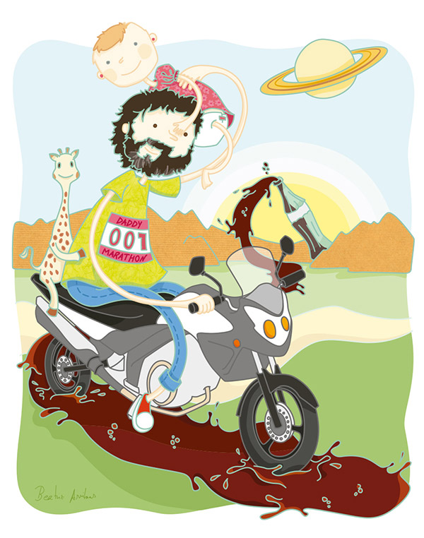 Ilustración personalizada Padre e hija van en moto