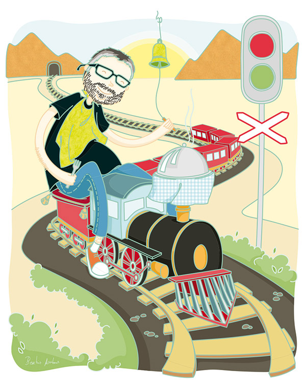 Ilustración personalizada amante de los trenes y de la comida