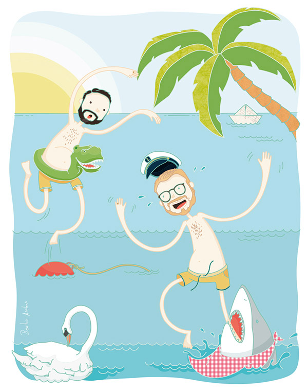Ilustración personalizada pareja de enamorados bañándose en el mar con tiburón y cisne
