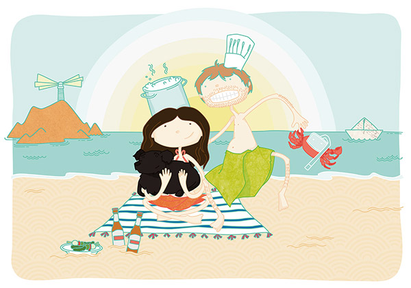 Ilustración personalizada pareja de enamorados en la playa con un gato