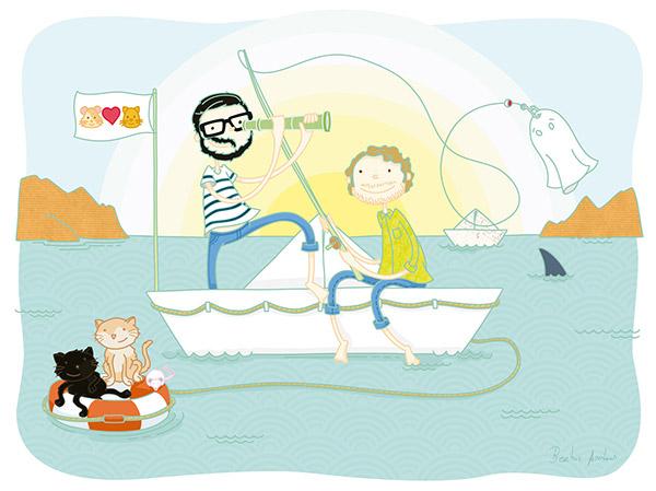 Ilustración personalizada Pareja de enamorados pescando en un barco de papel