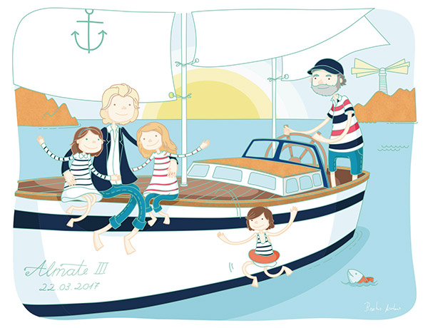 Ilustración personalizada Vacaciones en el barco de los abuelos