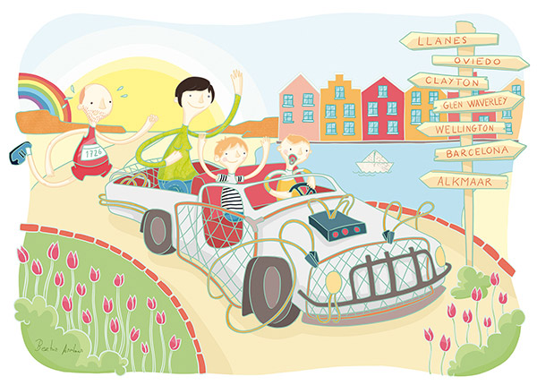 Ilustración personalizada familia de padres e hijos en un coche